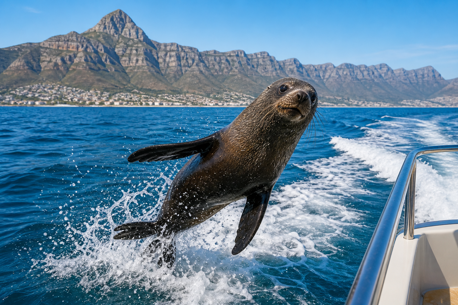 A Cape fur seal leaping alongside a boat in False Bay, the Cape Peninsula ridgeline in the background
