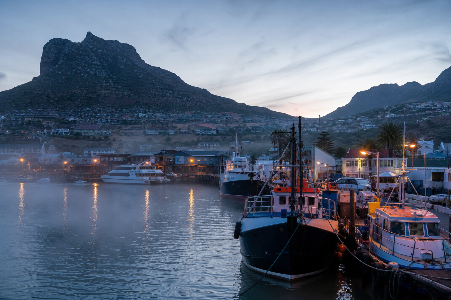 Simon's Town harbour at dawn - mist over the water, boats moored, the Cape Peninsula rising behind