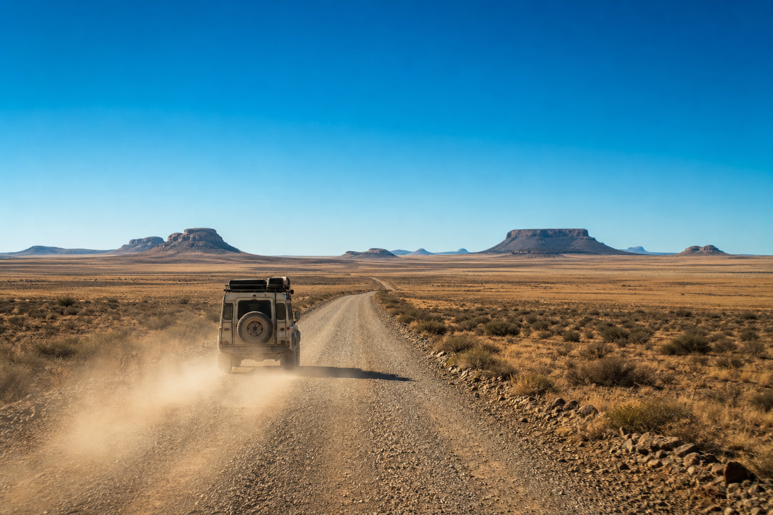 A lone 4x4 on a gravel road cutting through the Karoo landscape with dust trail behind