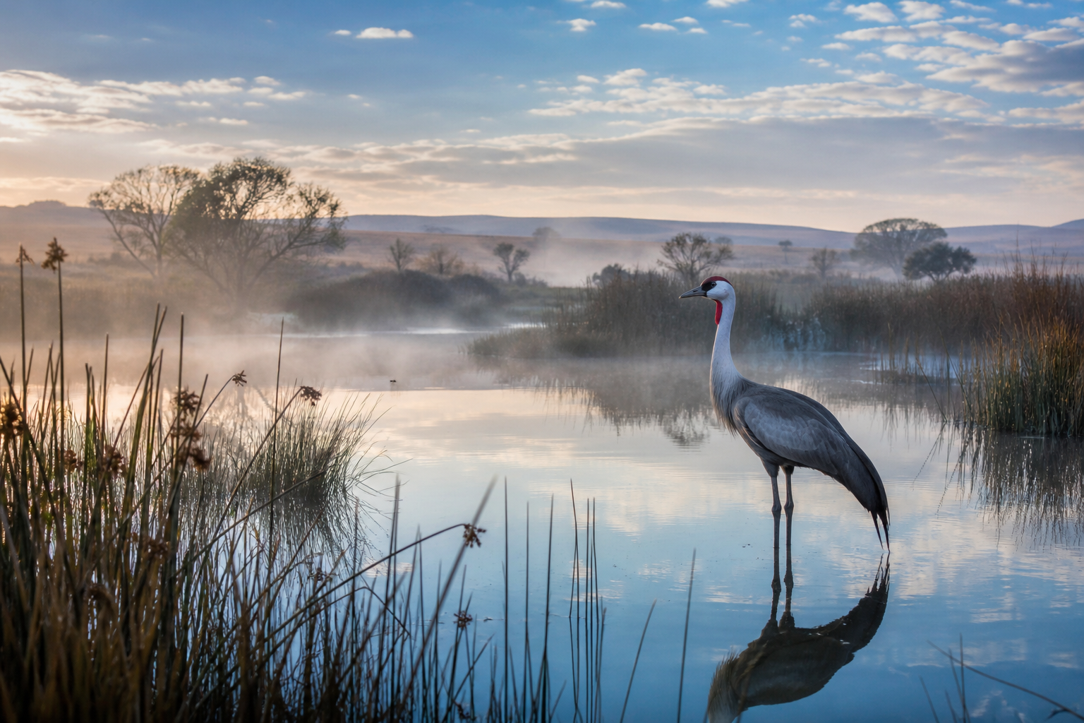 The Wakkerstroom Wetland Reserve at dawn - mist rising off still water, a Wattled Crane in the shallows