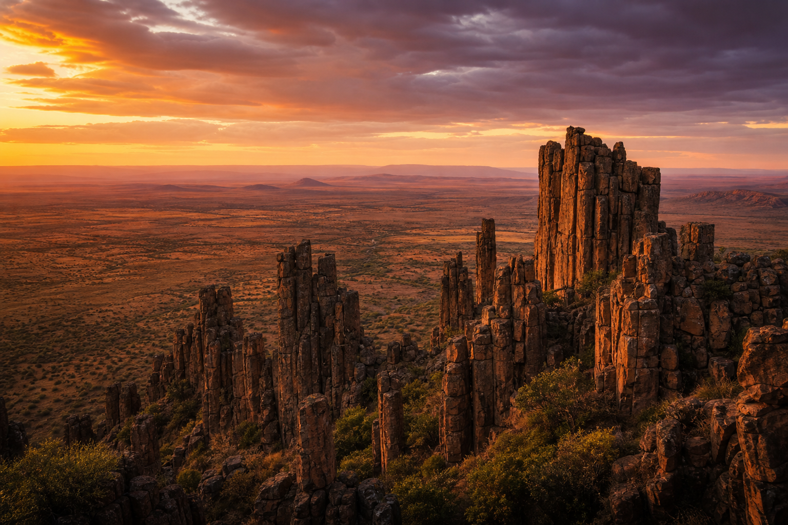 Valley of Desolation at sunset with towering dolerite columns rising from the Karoo plains