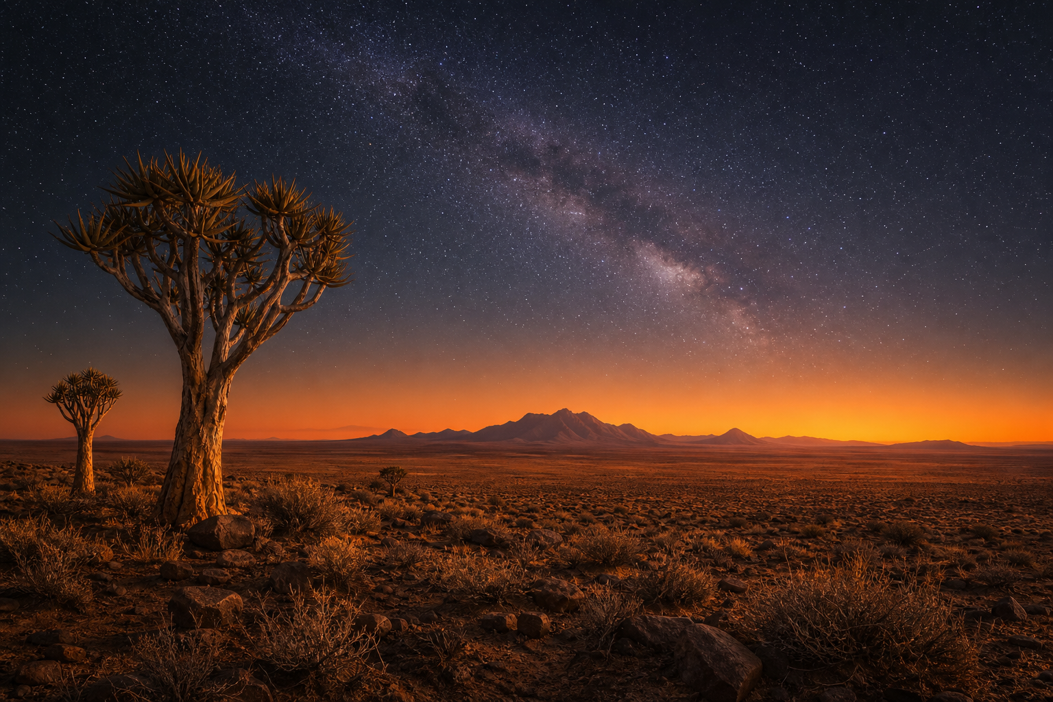 The Tankwa Karoo at dusk - ochre plains, quiver trees and a star-filled sky