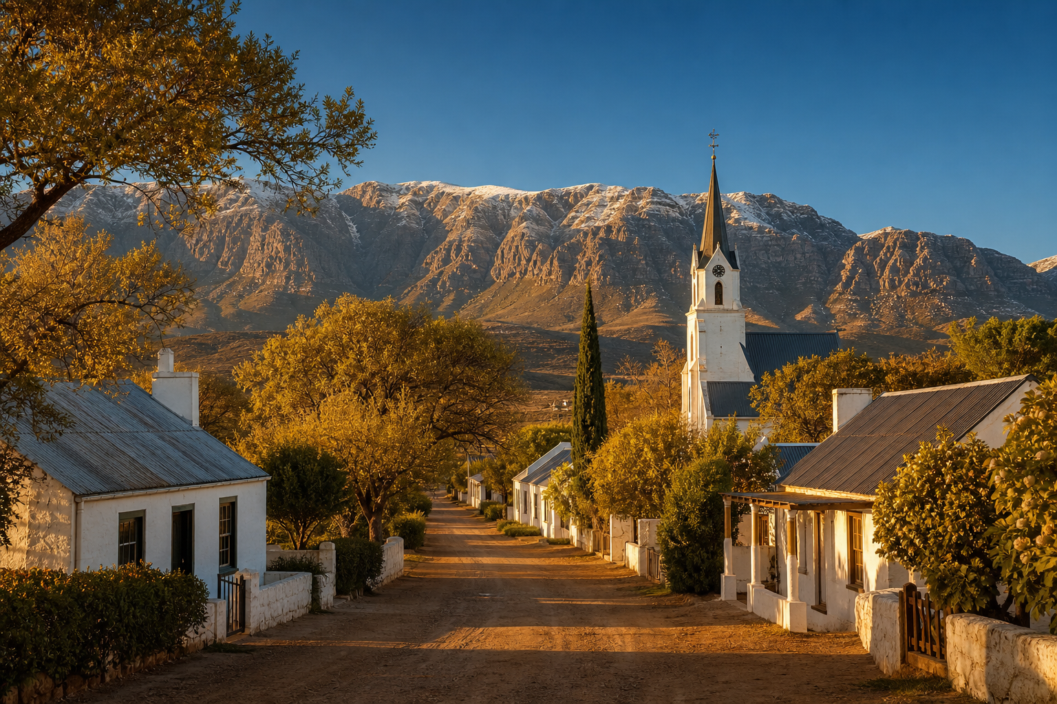 A golden-hour view of Nieu-Bethesda's dusty streets, ancient pear trees, and the Sneeuberg Mountains beyond