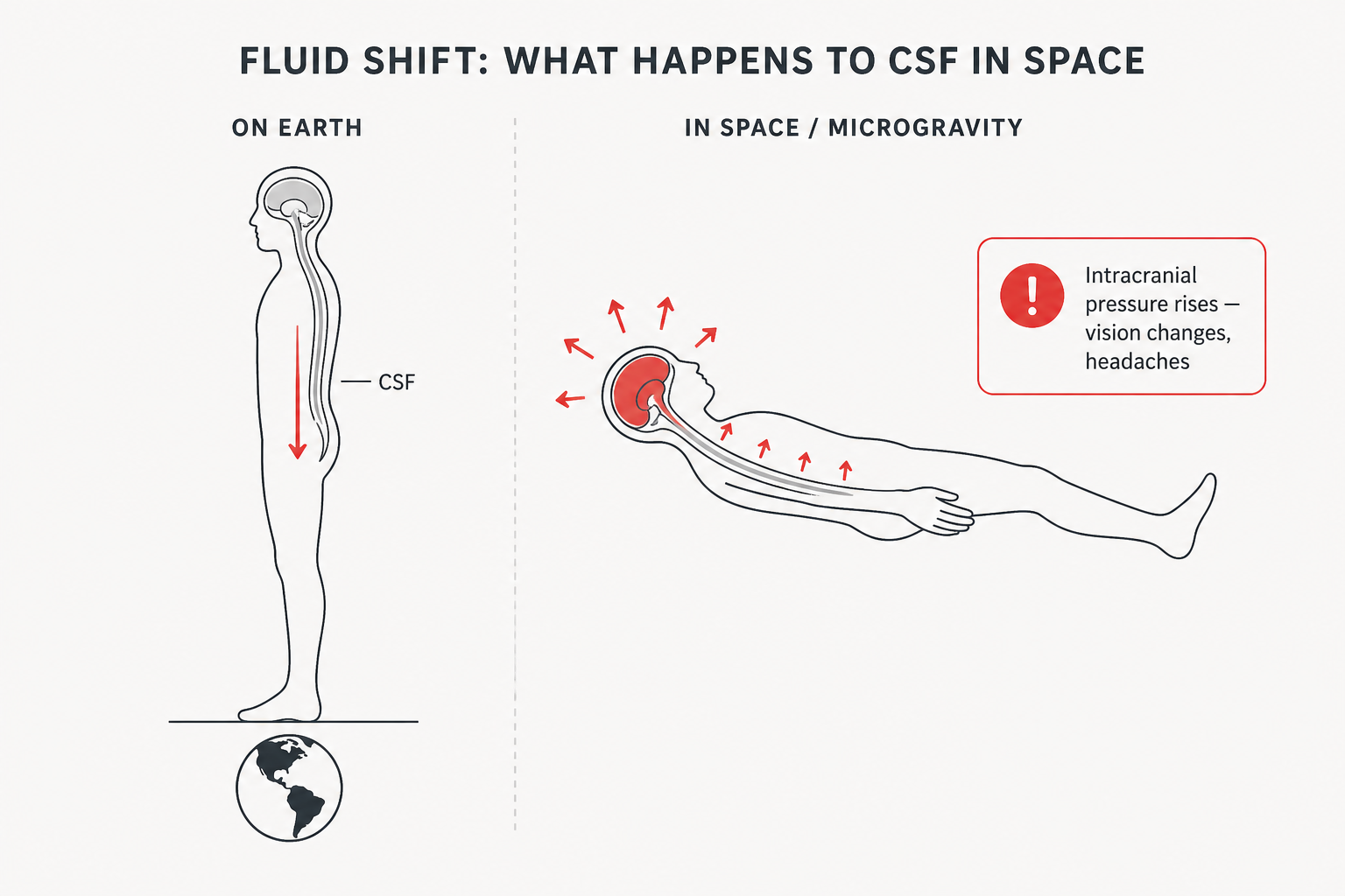 Diagram showing how cerebrospinal fluid redistributes from the lower body to the skull in microgravity, causing increased intracranial pressure, as taken from [NASA Human Research Program](https://www.nasa.gov/humans-in-space/human-research/)