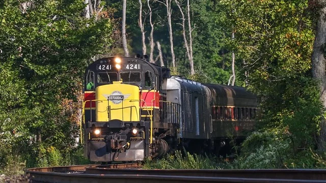 The yellow and red Cuyahoga Valley Scenic Railroad train traveling through the valley